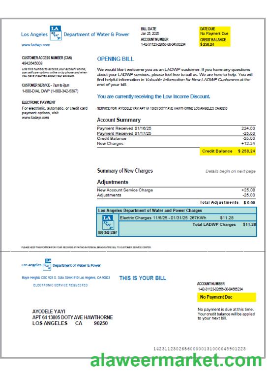 USA LA DWP utility bill template in Word and PDF formats, version 2